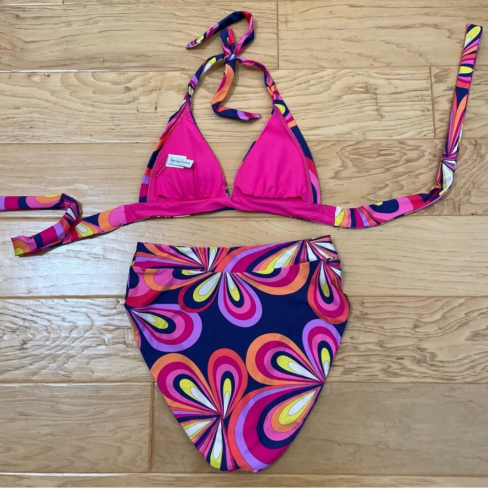 Trina Turk Goldie Swirl High Waisted Bikini Size Small Pink Purple 70s